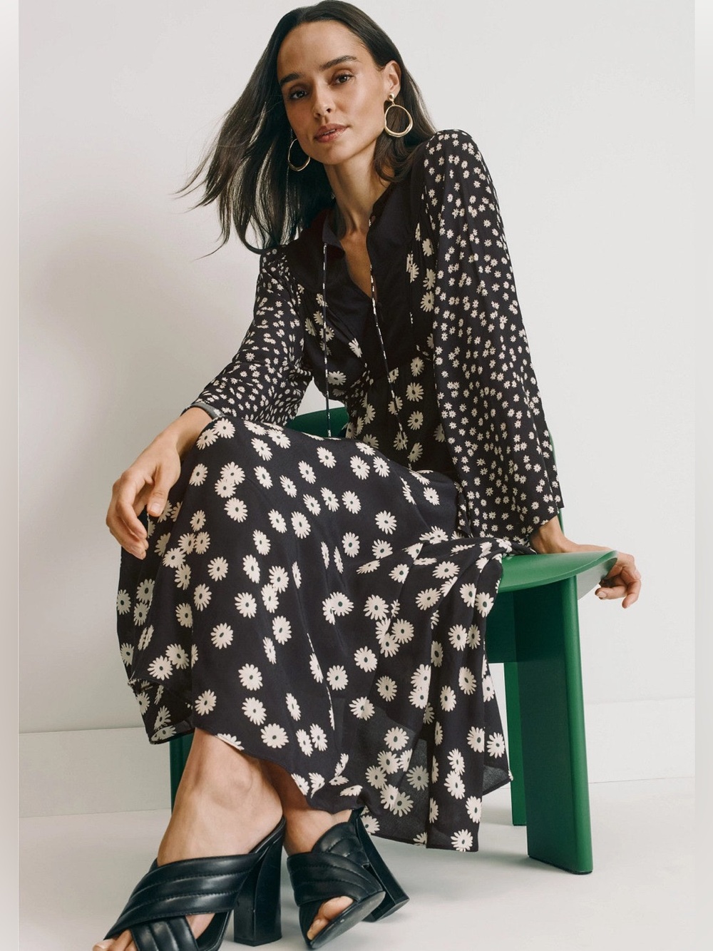 RIXO Black Floral Midi Dress with Cream Daisy Print